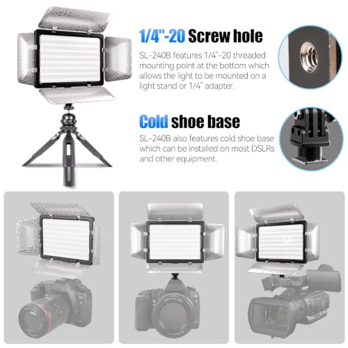 Mettlelite SL240B LED Video Light with Barndoor & Mini Tripod, Ultra Bright Bi-Color Panel, Dimmable 3200K-5600K CRI 95+, Portable Studio Lighting Kit for Photography, Video & Live Streaming