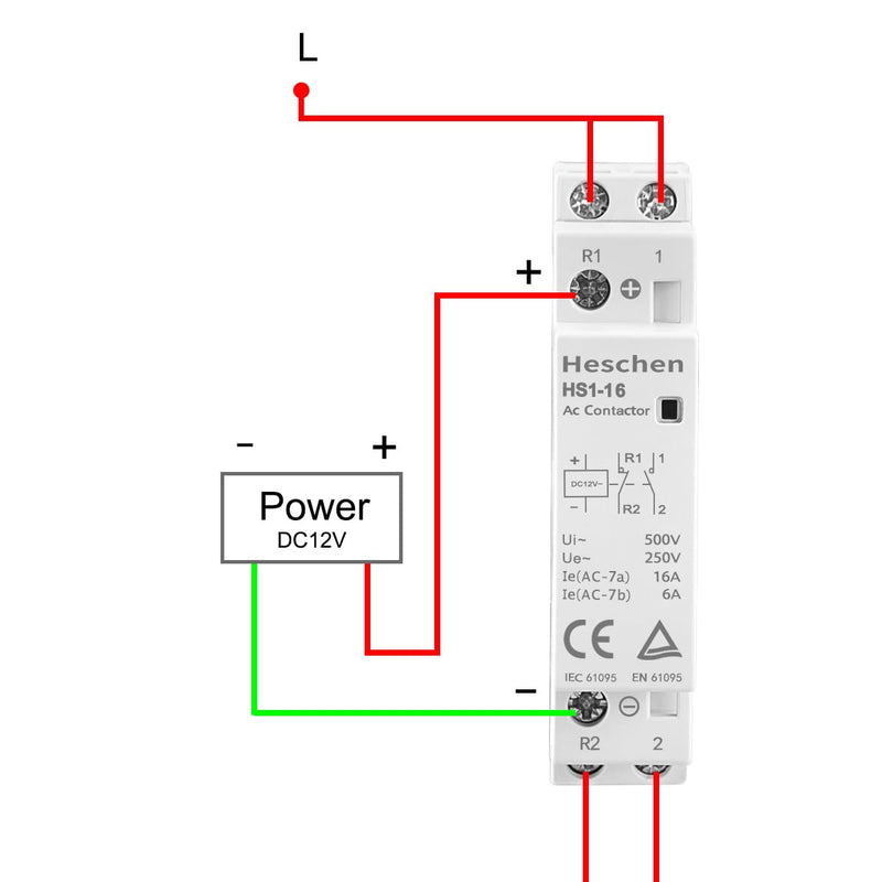 Household AC Contactor, HS1-16, Ie 16A, 2 Pole, 1NO 1NC, DC 12V Coil Voltage, 35mm DIN Rail Mount