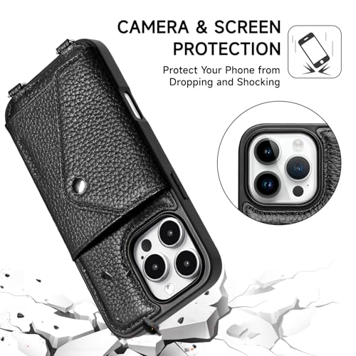 LUCKYCOIN 100% Genuine Leather Crossbody Wallet Phone Case for iPhone 16 Pro Max, Shockproof Phone Purse with Adjustable Lanyard Strap & Card Holder, Crossbody Purses for Women, Pebble Grain Black LZ-Black