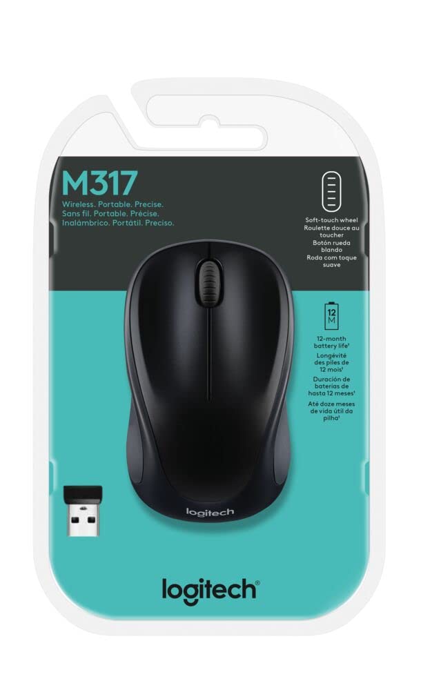 Logitech M317 Wireless Mouse, 2.4 GHz with USB Receiver, 1000 DPI Optical Tracking, 12 Month Battery, Compatible with PC, Mac, Laptop, Chromebook - Black