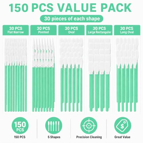 150PCS Microfiber Cleaning Swabs, 5-Size Lint Free Swabs Cleaning Q Tips for 3D Printers, Drones, Camera Lenses, Optics, Electronics, Auto Detailing, Arts and Crafts Green