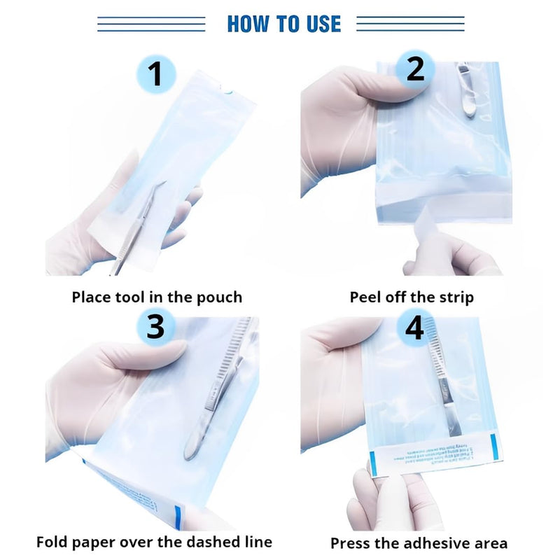 WUSJCOF 100 Sterile Bags for Autoclave, Self-Adhesive Bags for Disinfecting, Sterilisation Bags for Nail Salon, Used for Dental Instruments and Nail Care, 70 x 230 mm
