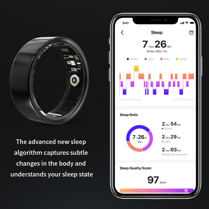 Smart Ring, No Subscription Fee, Heart Rate/Blood Oxygen/Sleep Monitor, Pedometer,IP68 Waterproof Fitness Tracker for iPhone &Android Black 9