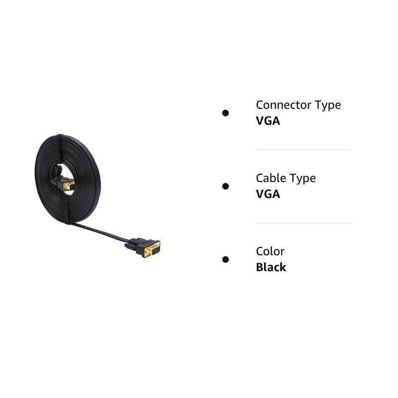 DTech 10ft Ultra Thin Flat Computer Monitor VGA Cable 15 Pin Male to Male Connector SVGA Wire 10 Feet - Black