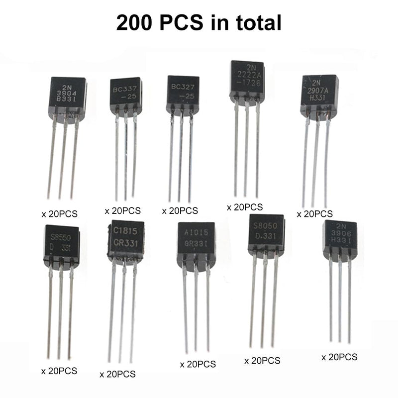 BJT Transistor Assortment Kit, Power Transistor Assortment Kit, Transistor Set, 200 Pieces, with Storage Box, BC337 BC327 2N2222 2N2907 2N3904 2N3906 S8050 S8550 A1015 C1815