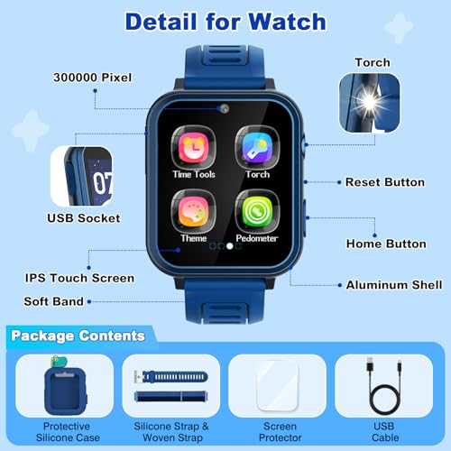 Pink Smart Watch for Kids with 3 Watch Bands and Blue Kids Watch with Selfie-Cam,Puzzle Games, Habit Tracking, Torch, MP3 Player, Voice Recorder, Pedometer