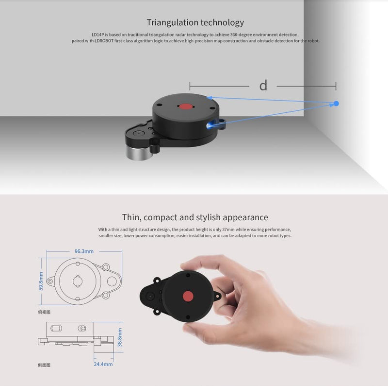 WayPonDEV LD14P 2D 360 Degree Lidar 2300Hz 8m Scanning Radius Distance Lidar Sensor Triangulation Scanner for Robot Obstacle Avoidance Autopilot Navigation