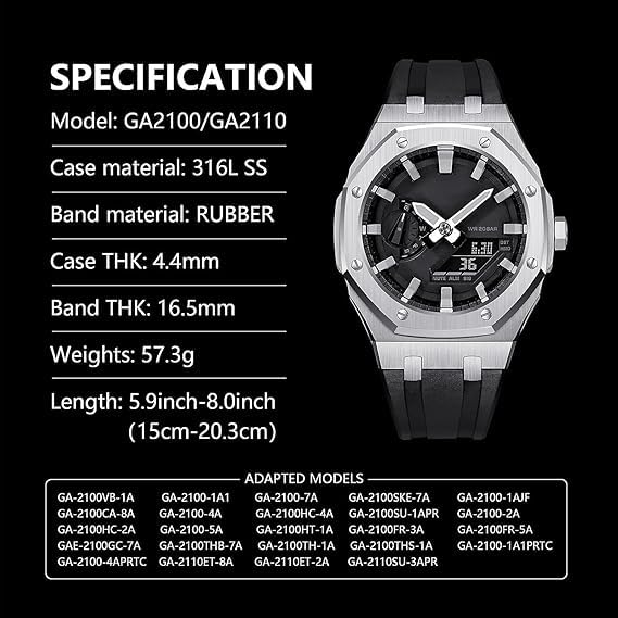 BMT GA2100 Case Band Mod Kit, Stainless Steel Case Bezel Crown Silicone Strap Replacement Accessories Compatible with Men's Watches G-Shock GA-2100/GA-2110/GA-B2100 Silver Black