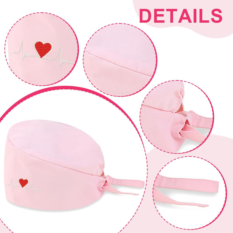 AOEVUIR 1 x Surgical Hat for Women Men Cotton with Adjustable Headband Surgical Headband Nurse Bandana Embroidery Heart Pink