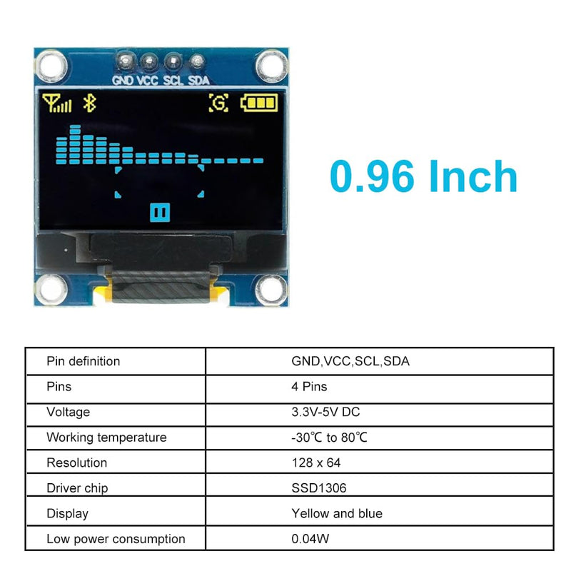 OLED Display, I2C Screen Display Module, Display Module, Self-Luminous Display Board, 0.96 Inch 128 x 64 Pixels, I2C 3.3V-5V, 4 Pins, Clear and Easy to Read Information