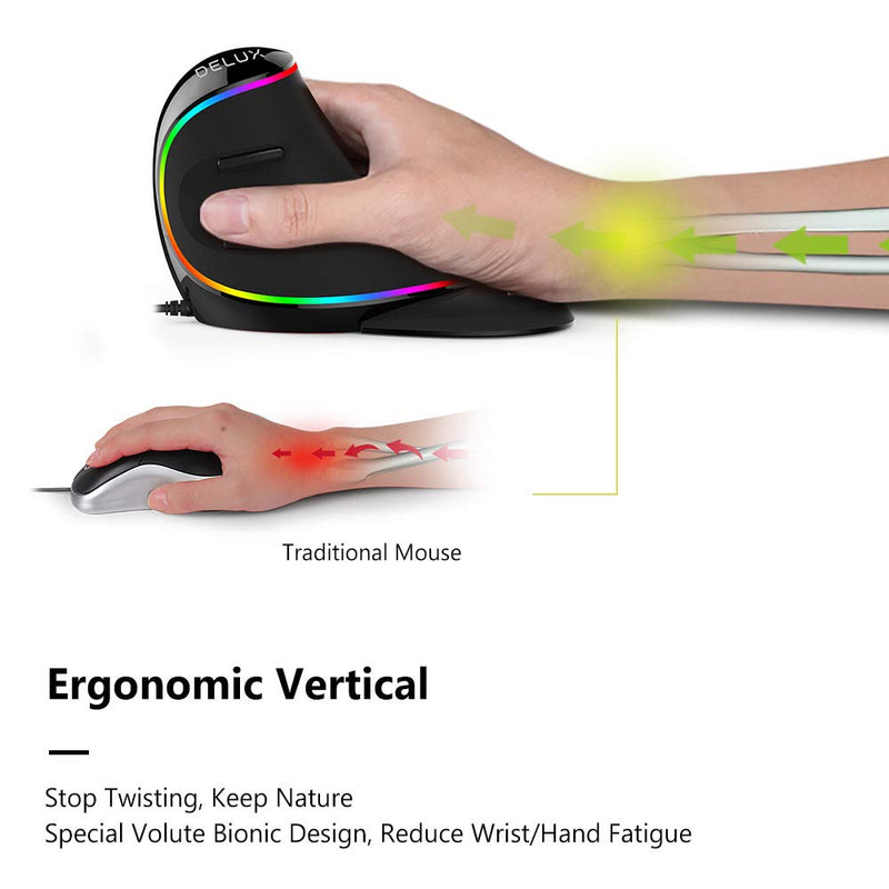 DELUX Wired Ergonomic Vertical Mouse, Large RGB Ergonomic Computer Mouse with 6 Buttons, Removable Wrist Rest, 4000DPI and On-Board Software Reduce Hand Strain,for Carpal Tunnel(M618Plus RGB-Black) Wired with RGB