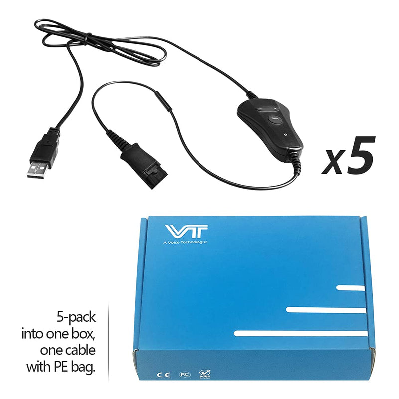 QD-to-USB Adapter Cable with Volume-Mute - 5PACK for 4-Pin Plantronic-QD Plug Headset