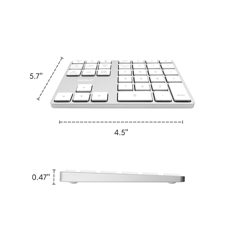 Macally Bluetooth Number Pad for Laptop - Rechargeable Wireless Numeric Keypad - Slim 35 Key Wireless Number Pad for Data Entry, 10 Key Numpad Compatible with MacBook, iPad, Laptop, Windows, Android Silver