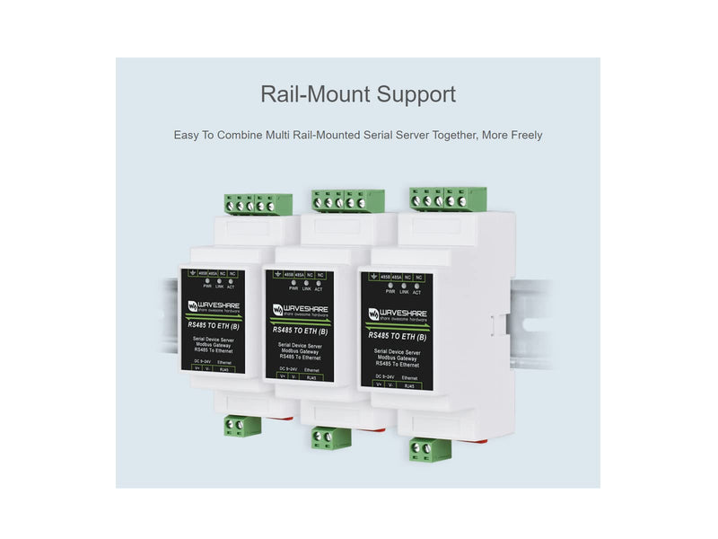 waveshare RS485 to RJ45 Ethernet Converter Adapter,TCP/IP to Serial Converter, Industrial Rail-Mount RS485 Serial Server Supports TCP Server/TCP Client/UDP Mode/UDP Multicast