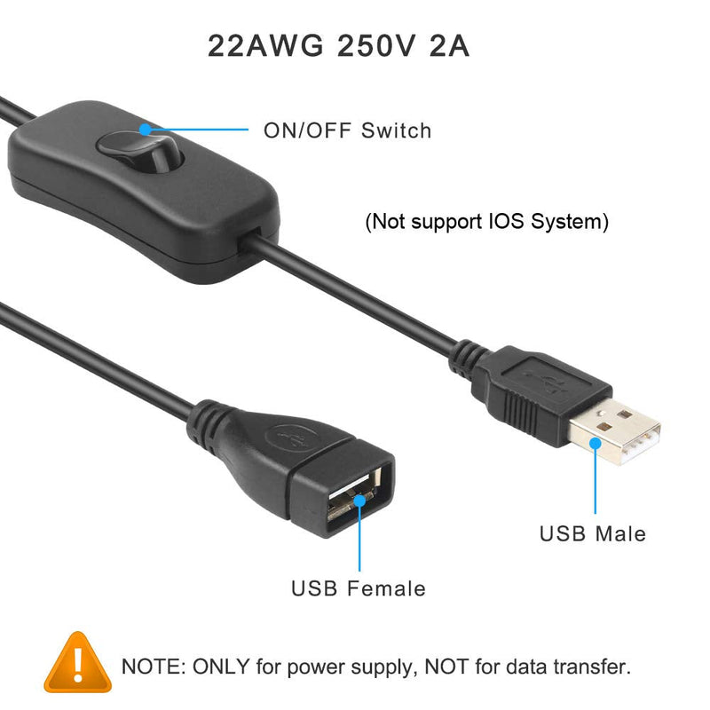 Electop 2 Pack Male to Female USB Cable with On/Off Switch, USB Extension Inline Rocker Switch for Driving Recorder, LED Desk Lamp, USB Fan, LED Strips Black