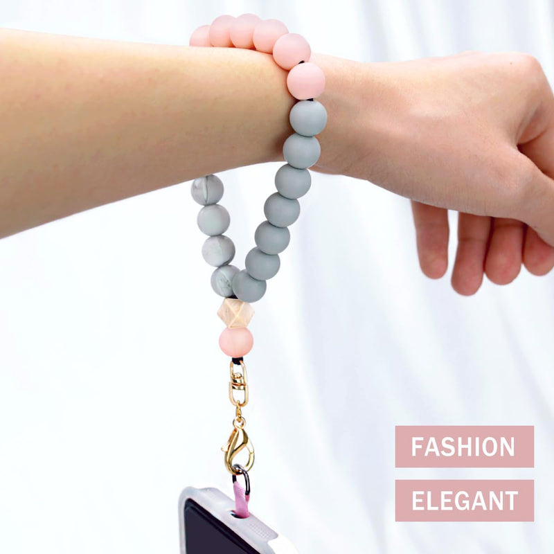 Marble Silicone Beaded Phone Wrist Strap, Cellphone Lanyard with Tether Tab, Elastic Hands-Free Wristlet Bracelet Pink