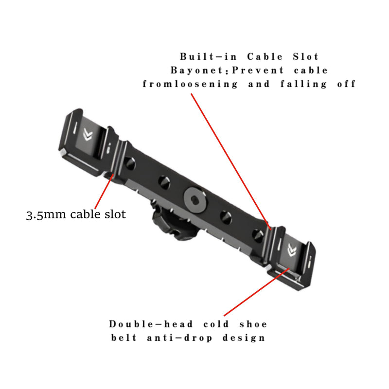 Dual Cold Shoe Mount Bracket, Camera Cold Shoe Extension Mount Aluminum Alloy Dual Cold Shoe 1/4"-20 Thread Holes Cable Slot for Flash LED Video Light Microphone Camera Camcorder