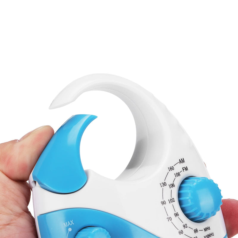 Waterproof Shower Radio, AM/FM Radio with Adjustable Volume Speakers, Battery Powered Portable Speakers with Hook Handle for Shower Rooms Bedside Tables Garages Blue