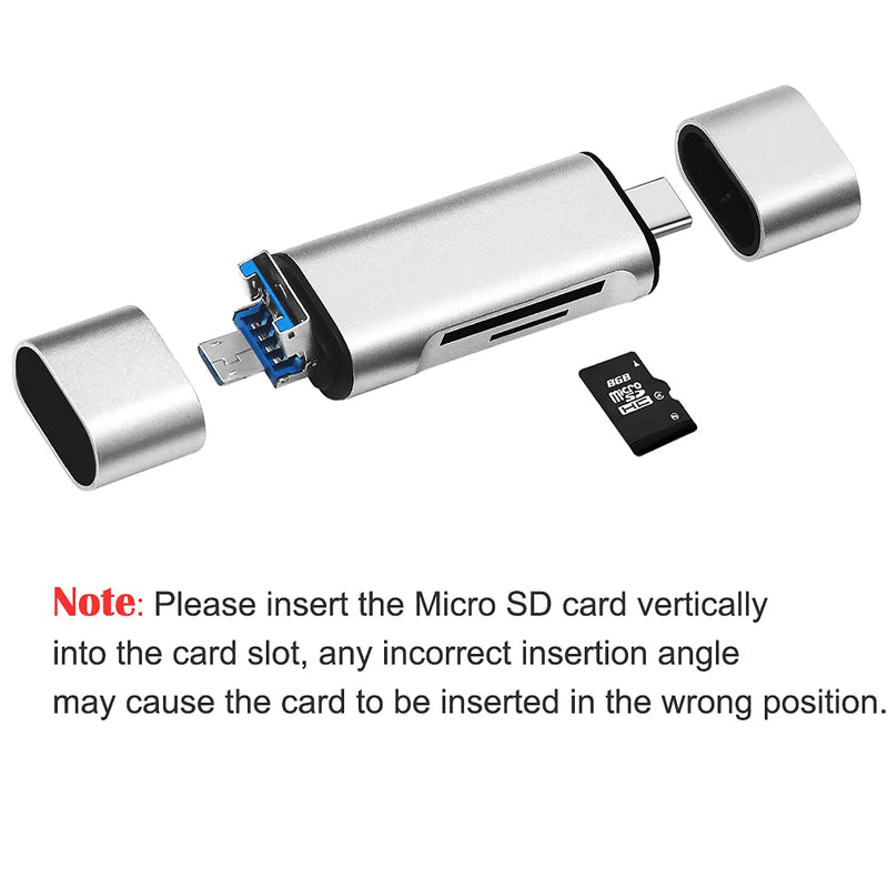 SD/Micro SD Memory Card Reader, BorlterClamp 3 in 1 Memory Card Reader with USB C Micro-USB OTG Adapter Compatible with PC, Laptop, MacBook, Tablet, Smartphone (Silver) silver