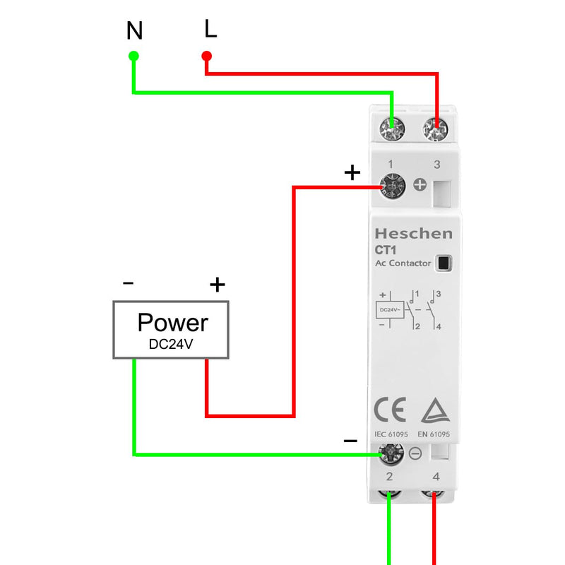 Heschen Household AC Contactor, CT1-16, Ie 16A, 2-Pole, Two Normal Open, DC 24 V Coil Voltage, 35 mm DIN Rail Mounting