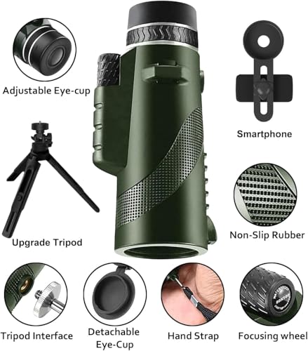 Monocular-Telescope 80x100 High Powered Monoculars High Definition for Adults High Powered with Smartphone Adapter Telescope Hunting Wildlife Bird Watching Travel Camping Hiking-Green Green