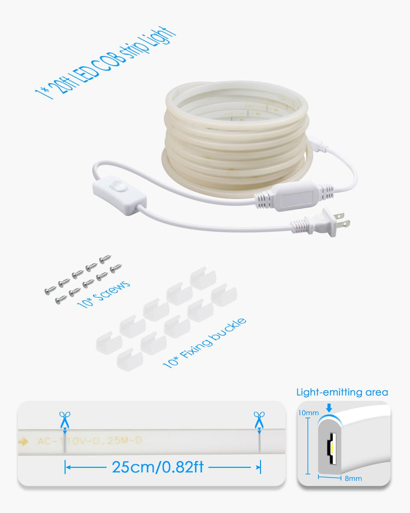 [AUSTRALIA] - 20FT COB LED Strip Light 3000K Warm White AC110V-120V LED Rope Lights Outdoor Waterproof IP65 High Density 288LEDs/M Flexible LED Light Strip with Switch for Garden Bedroom Indoor 6M 