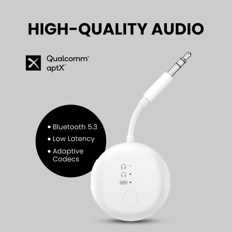 Avantree SoundJet R1 [2025 New] - Airplane Bluetooth 5.3 Adapter for up to 2 AirPods or Headphones with Low Latency and 20hr Playtime, Wireless Audio Transmitter for Flights, Travel, Gym, TV, Tablet White - With Dual Adapter