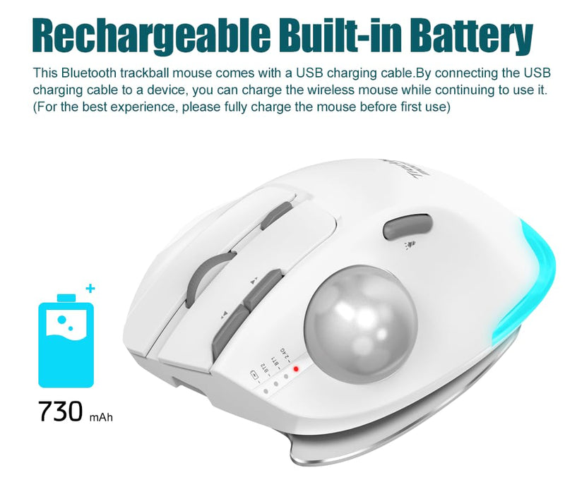 zelotes Trackball Mouse,Rechargeable Wireless Bluetooth Mouse,4800 DPI (5-Level Adjustable), Dual Mode (BT 5.0/3.0 + 2.4G USB Receiver),LED Lighting,Ergonomic Design,for Laptop, PC, Pad (White) White