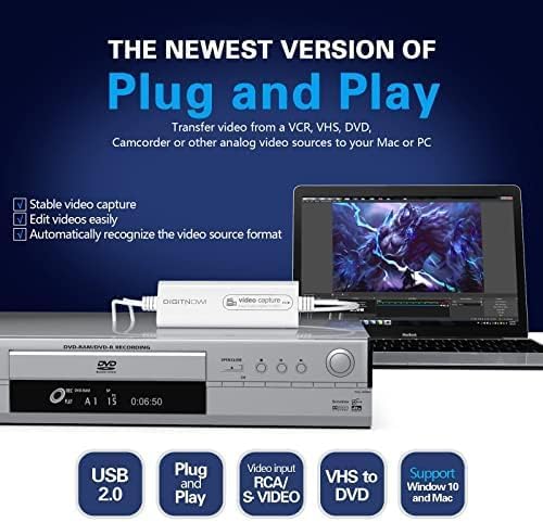 VHS TO Digital Converter, USB Video Capture Card, Video Capture Device, RCA TO USB Converter,Convert VHS VCR Hi8 Mini DV to Digital/DVD,For Tape Player Camcorder Camera PC TV,Windows Mac OS Compatible White
