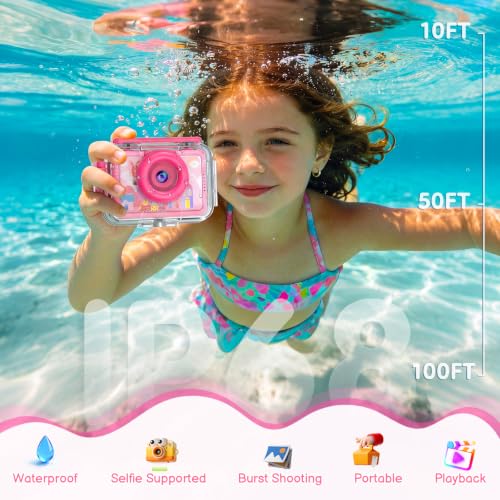 Pool Toy & Kids Underwater Camera - 99FT Waterproof Kid Action Camera 1080P Video&20MP Photo with Flip Lens, Includes 32GB Card for Diving Swimming Beach Snorkeling,Birthday Gift for Girls - GKTZ Pink