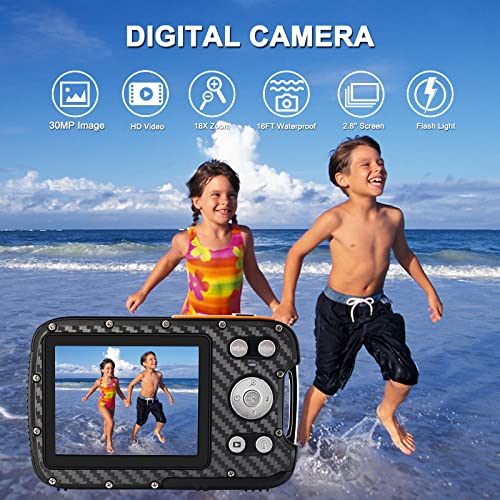 16FT Underwater Camera 30MP Waterproof Digital Camera with 32G Card and Rechargeable Battery, 18X Zoom Point and Shoot Camera for Boys Girls Children Teens Snorkeling Swimming Vacation(Orange) 1080P Orange