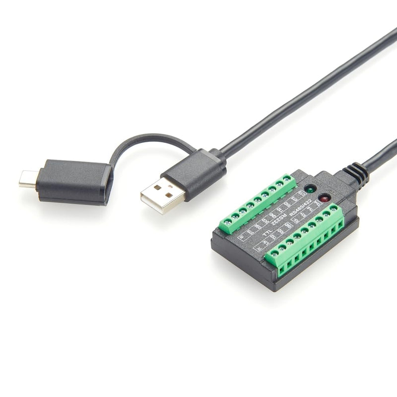 4 In 1 FTDI USB to RS232 RS485 RS422 TTL 3.3V 5V Serial Adapter Cable with FT232RL Chip Dual Port USB-A & USB-C to COM Port Converter with Terminal Block for Modem, Scanner, Windows, MacOS (1M/3.3FT)