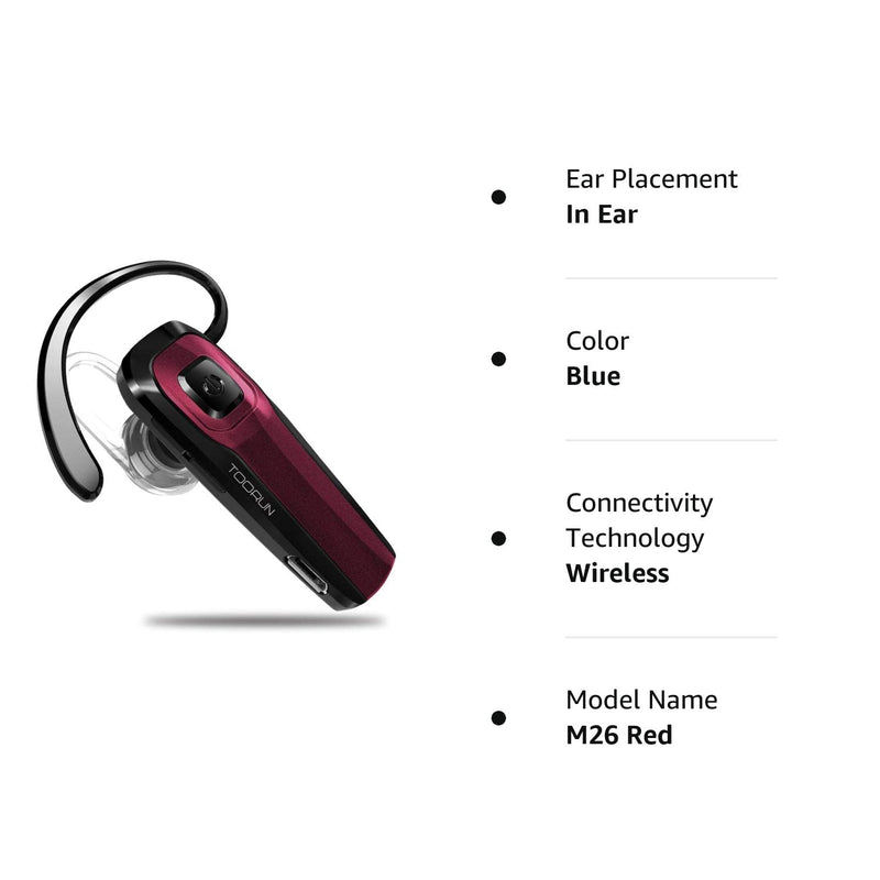 Bluetooth Earpiece, M26 Bluetooth Headset Handsfree Wireless Headphone with Noise Cancelling and Microphone Compatible for Android iPhone Cell Phone Laptop - Red