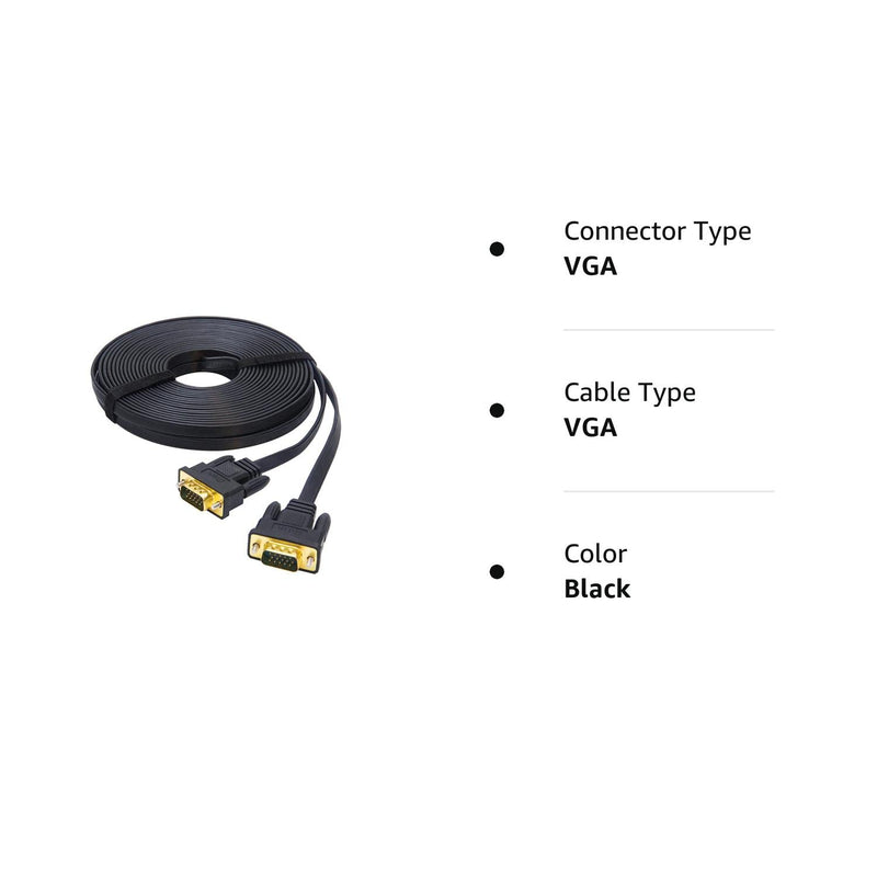 DTech 5M Ultra Thin Flat Type Computer Monitor VGA Cable Standard 15 Pin Male to Male Connector SVGA Wire 16 Feet - Black 16ft