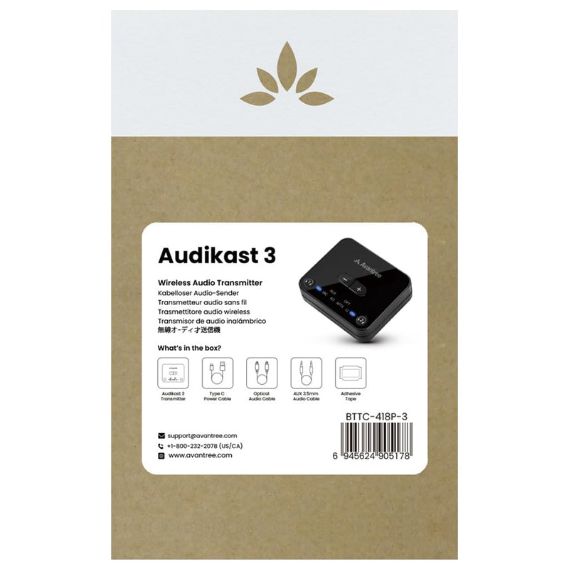Avantree Audikast 3 [2025 Version] - Bluetooth 5.3 Transmitter for TV with Optical or AUX Audio Output Port, aptX-Adaptive & Low Latency, Dual Link for 2 Headphones, and 100ft Long Range
