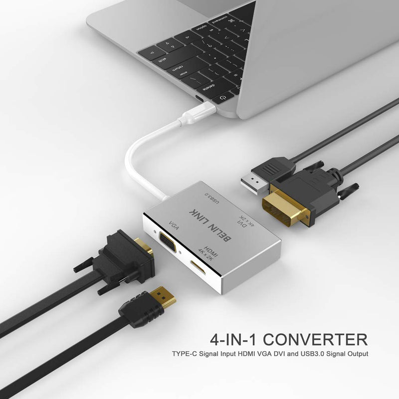 BELIN LINK USB C to HDMI DVI VGA USB 3.0 Adapter,USB 3.1 Type-C 4in1 Hub to HDMI DVI 4K VGA USB Adaptor Converter (Thunderbolt 3 Compatible), USB-C Adapter for MacBook/MacBook Pro air/Surface pro TC 4IN1