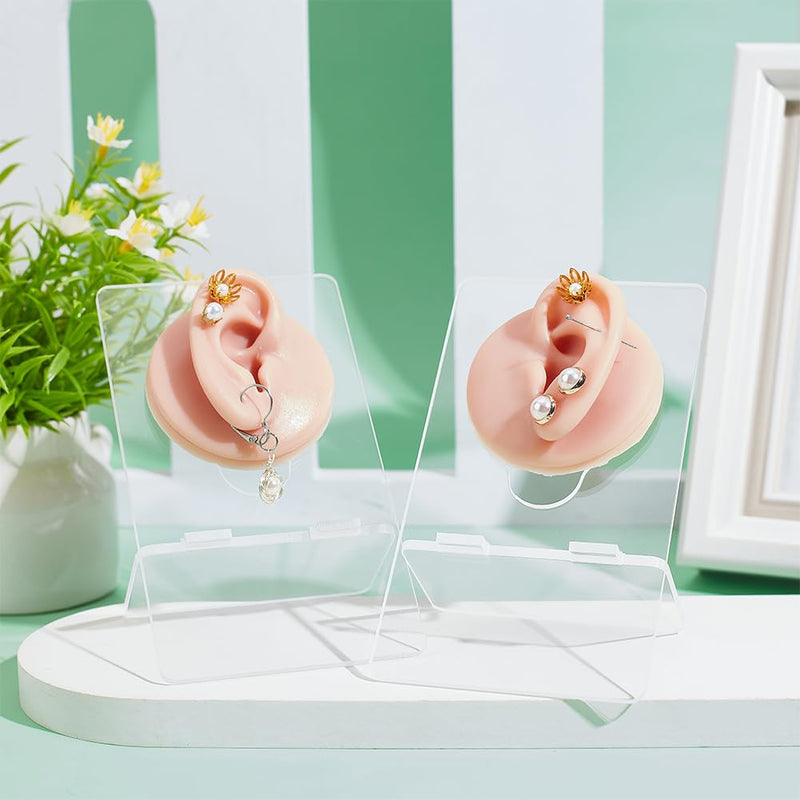 nbeads Set of 2 Silicone Ear Model with Acrylic Stand, Left and Right Flexible Model Piercing Practice Realistic Soft Ear Shape for Jewellery Display Acupuncture Mannequin Teaching