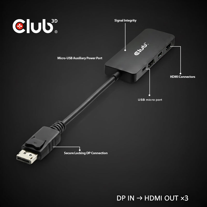 Club 3D DisplayPort to HDMI Adapter, Triple Monitor 8K@60Hz MST Hub Splitter, DP 2.1 to 3 HDMI Multi-Stream Display Extender for Video Wall, Gaming, HDR HDCP 2.3 Compatible CSV-7330