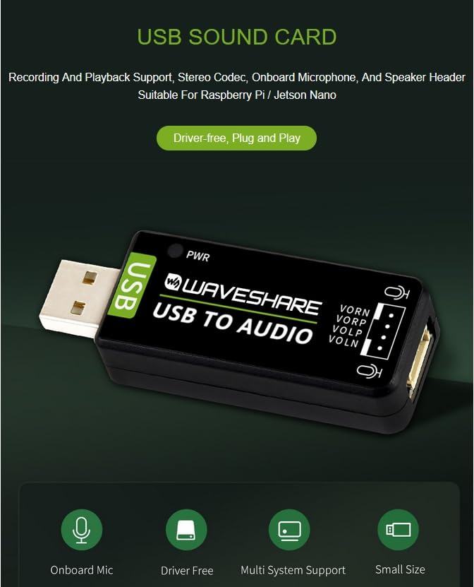USB Sound Card with 8Ω 5W Speaker for Raspberry Pi/Jetson Nano | USB to Audio Adapter, Recording and Playback, Stereo Codec Onboard Microphone and Speaker Header, Driver-Free, Plug and Play