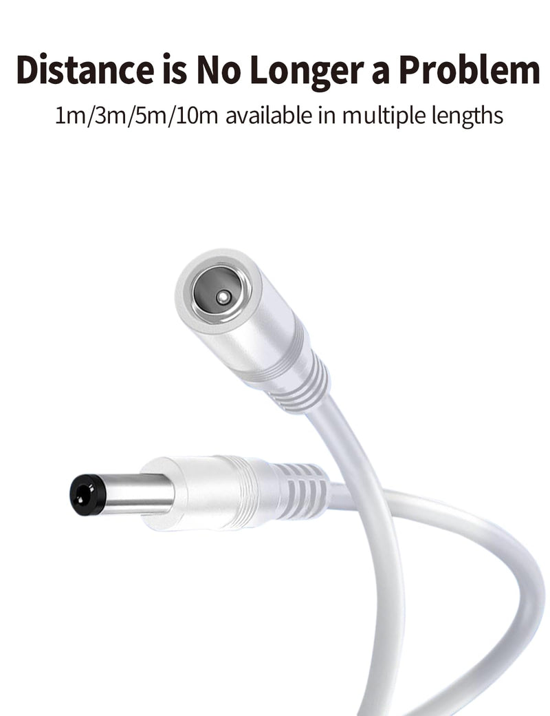 Tonton 6.6FT 2M DC Power Extension Cable 5.5 mm x 2.1 mm 5521 Male to Female 12V DC Adapter Cord Compatible with CCTV Security IP Camera, Survelliance DVR NVR System, LED Strip, Monitors (White) 6.6FT/2M White