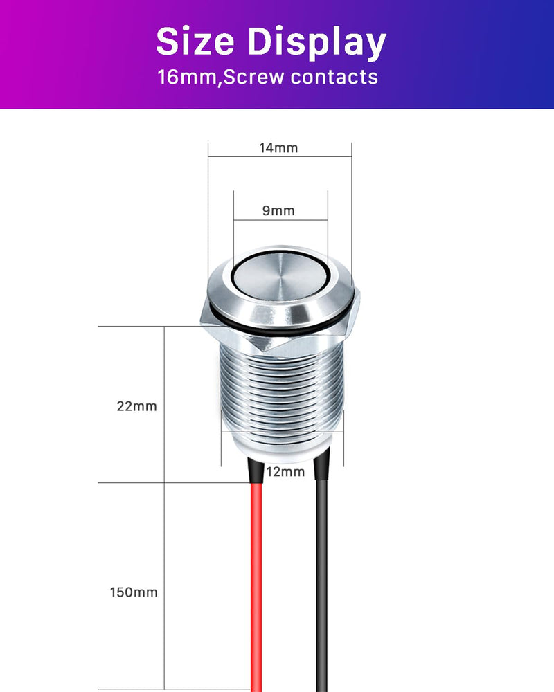 ANVINKU Push Button 6 Pieces, 12 mm Push Button, Waterproof Push Button Switch, 2A/12V/24V/125V/250V Push Switch, Pressure Switch for Horns, Car Round 12MM-6PCS