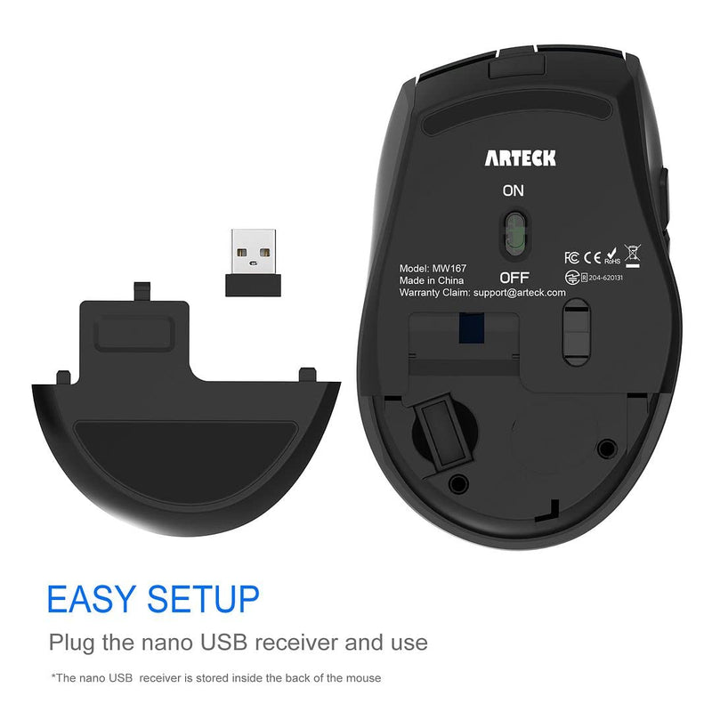 Arteck 2.4G Wireless Mouse with Nano USB Receiver Ergonomic Design Silent Clicking with Side Switch Buttons for Computer / Desktop / PC / Laptop and Windows 10/8/7 Build in Rechargeable Battery Black
