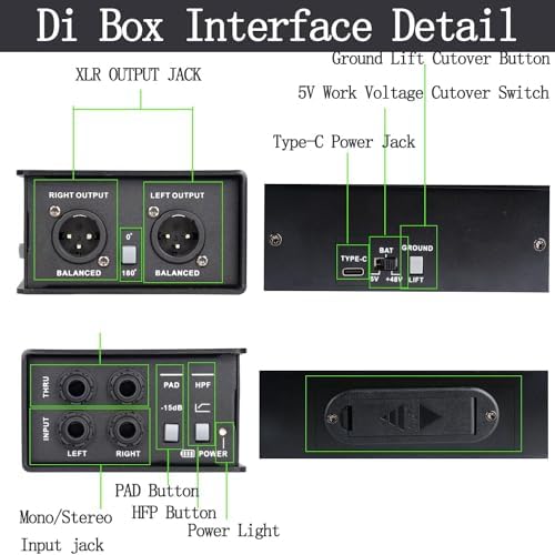 Direct Box with Dual 1/4” High-Impedance Stereo Inputs Di Boxes Support For Guitar/Bass Instruments Premium Direct Injection Active Di Box For Thru & XLR Outputs
