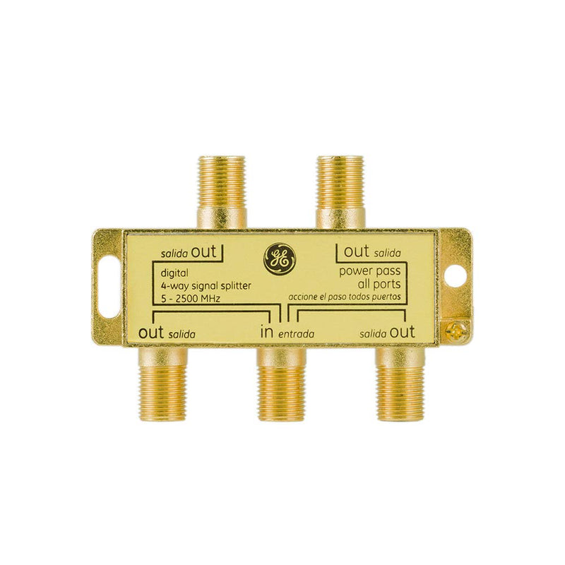 GE Digital 4-Way Coaxial Cable Splitter, 2.5 GHz 5-2500 MHz, RG6 Compatible, Works with HD TV, Satellite, High Speed Internet, Amplifier, Antenna, Gold Plated Connectors, Corrosion Resistant, 33527 1 Pack