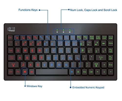 Adesso AKB-110EB - SlimTouch 110 3-Color Illuminated Mini Keyboard, 12 inches, Black