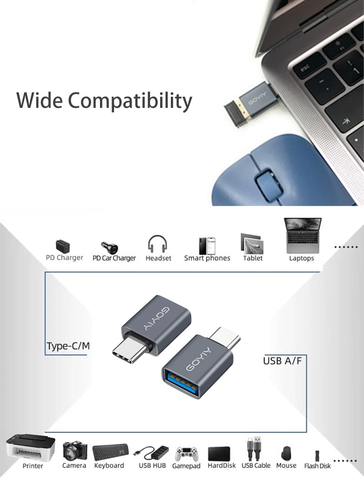 GOYIY USB C to USB Adapter, USB C Male to USB Female Adapter, USB3.2 Gen 2，2-Pack, Compatible with MacBook Pro/Air, iMac, iPad Mini/Pro, Mobile Phone and Other Type C or Thunderbolt 4/3 Devices(Grey) Grey