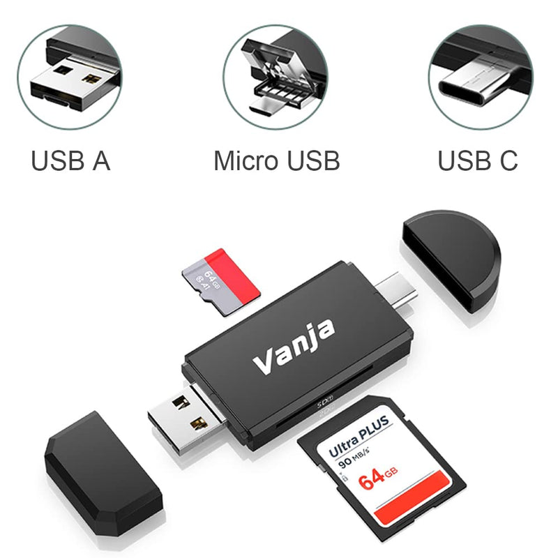 Vanja SD Card to USB Adapter, 3-in-1 USB-C USB-A Micro USB SD Card Reader,Trail Camera Memory Card Reader for PC/Laptop/Phone/Tablet, for SD SDXC SDHC MMC RS-MMC microSDXC microSD microSDHC UHS-I Card Black