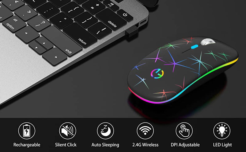 Wireless Mouse, 2.4G Portable Optical Quiet RGB Mouse with USB Receiver and Type C Adapter, 3 Adjustable DPI Levels, Wireless Computer Mouse for Laptop, Computer, PC, MacBook, Desktop Black