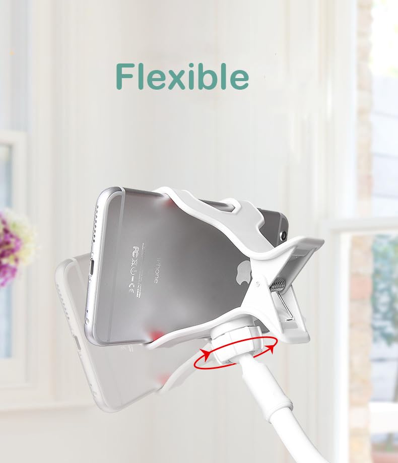 Gooseneck Phone Holder for Bed or Desk: Gooseneck Cell Phone Stand with 43.3 Inches Flexible Long Arm & Clamp | Headboard Phone Mount with Clip Fit for iPhone or Mobile Phone (White) White