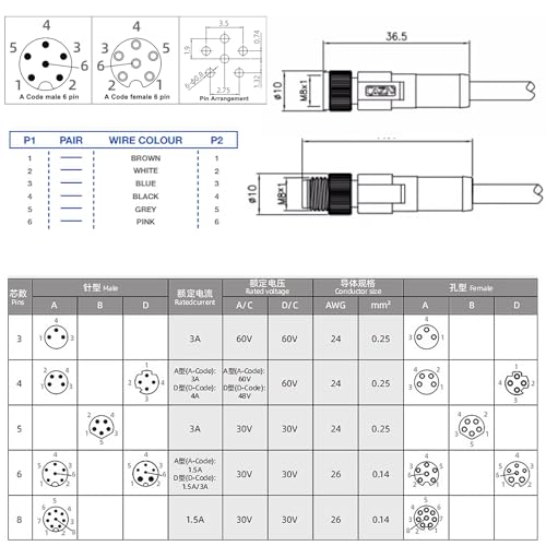 M8 6 pin Male to 6 pin Female Cable for Basler Camera ace 2 V, Boost R, Racer 2 S, Vision System Sensor Industrial Automation Control, A Coding, Shielded, 1m M8 6 pin female to male